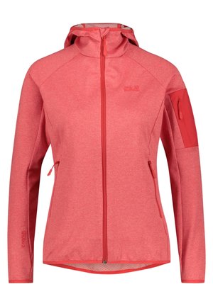 Lichtgewicht koraalrode gewatteerde jas met volledige ritssluiting aan de voorkant, ritssluitingen aan de zijkanten en een ritssluiting op de linker mouw.