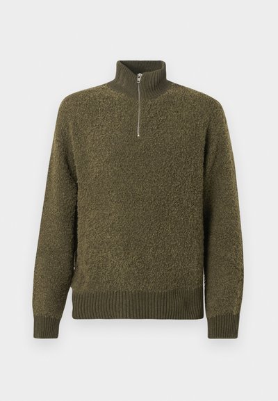Olivgrüner Pullover mit einem Reißverschluss-Hochkragen, strukturiertem Stoff sowie geripptem Saum und Bündchen für eine bequeme Passform.