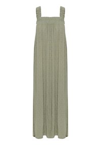Robe sans manches verte avec un haut froncé plissé, des bretelles volantes et un motif à pois subtil. Tissu léger et fluide.