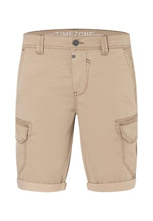 Beige men's cargo shorts with rolled hems, button and zipper closure, belt loops, and flap pockets on each side.