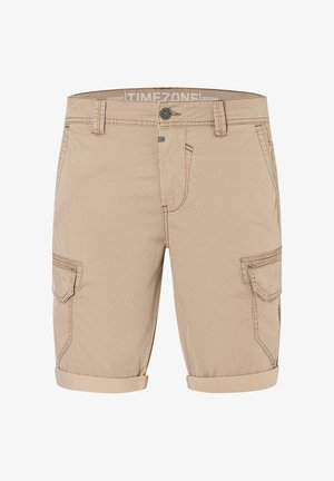Beige men's cargo shorts with rolled hems, button and zipper closure, belt loops, and flap pockets on each side.