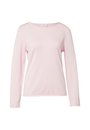 Maglietta rosa chiaro a maniche lunghe realizzata in tessuto morbido, caratterizzata da una scollatura ampia e un taglio dritto e rilassato. Senza motivi o decorazioni.