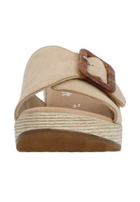 Beige suede sandal with a wooden buckle, cross-band design, and a textured espadrille-style sole. Size printed inside: 31.