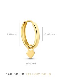 14K solid yellow gold hoop earring with a heart-shaped charm; measures 12 mm and 4 mm in diameter; polished, smooth surface.