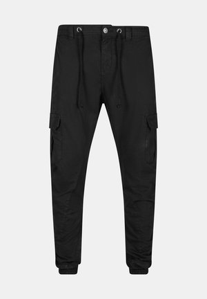 Schwarze Cargo-Joggerhose mit Tunnelzug am Bund, seitlichen Klappentaschen, Knopfverschluss und elastischen Bündchen.