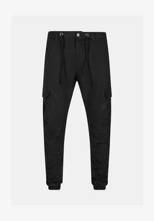 Black cargo jogger pants with drawstring waist, side flap pockets, button closure, and elastic cuffs.