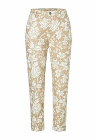 Beige Blumenhose mit weißem Blumenmuster, mit einem Knopfverschluss, Gürtelschlaufen und schmal zulaufenden Beinen. Hergestellt aus leichtem Stoff.
