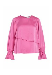 Rosa bluse laget av sateng med rund hals, lagdelt design, puffede ermer og volangkantede mansjetter. Har en nøkkelhullåpning bak.