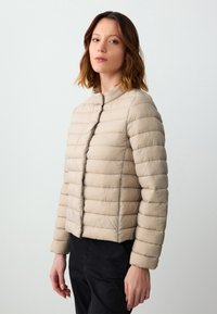 Giacca imbottita beige con design corto, motivi cuciti e colletto alto. Tessuto morbido con maniche lunghe e zip nascosta.