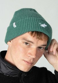 Vihreä ribbineulottu pipo, jossa valkoinen eläinlogo ja sivulla oleva merkki. Materiaali on pehmeää, ja muoto on istuva ja pyöreä.