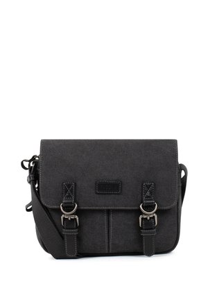 Sac messager en toile noire avec bandoulière réglable et deux fermetures à boucle sur le rabat avant.