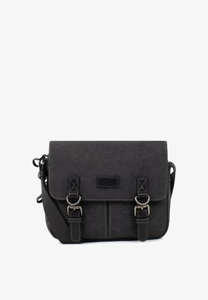 Sac messager en toile noire avec bandoulière réglable et deux fermetures à boucle sur le rabat avant.