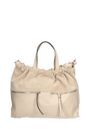 Borsa in pelle beige e camoscio con parte superiore arricciata, doppie maniglie e tasche con zip frontali. Texture liscia con materiali e hardware a contrasto.