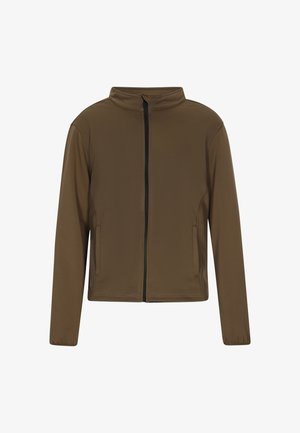 Hnědá zipová bunda s stojatým límcem, vyrobená z hladkého materiálu; má dvě boční kapsy a kontrastní černý zip.