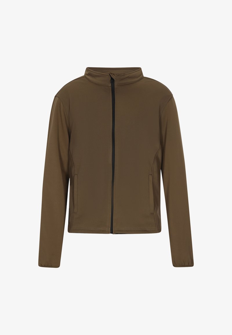 Veste zippée marron avec col montant, fabriquée en tissu lisse ; elle possède deux poches latérales et un zip noir contrastant.