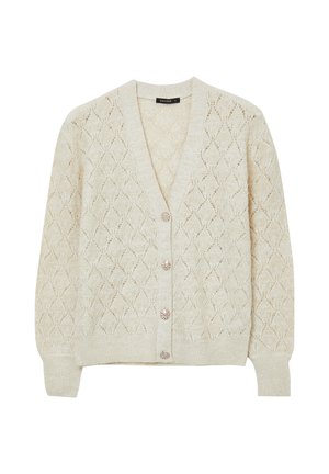 Cardigan lavorato a maglia in crema con un motivo a diamante, scollatura a V e cinque bottoni decorativi sul davanti. Polsini e orlo a coste.