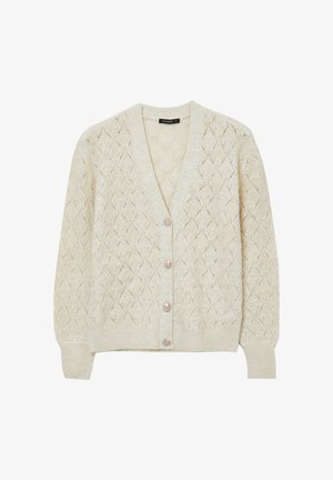 Cardigan lavorato a maglia in crema con un motivo a diamante, scollatura a V e cinque bottoni decorativi sul davanti. Polsini e orlo a coste.