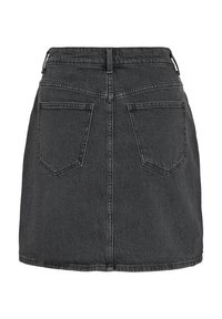 Svart denim mini-skjørt med rett snitt, med to baklommer og synlige sømdetaljer langs midten bak.