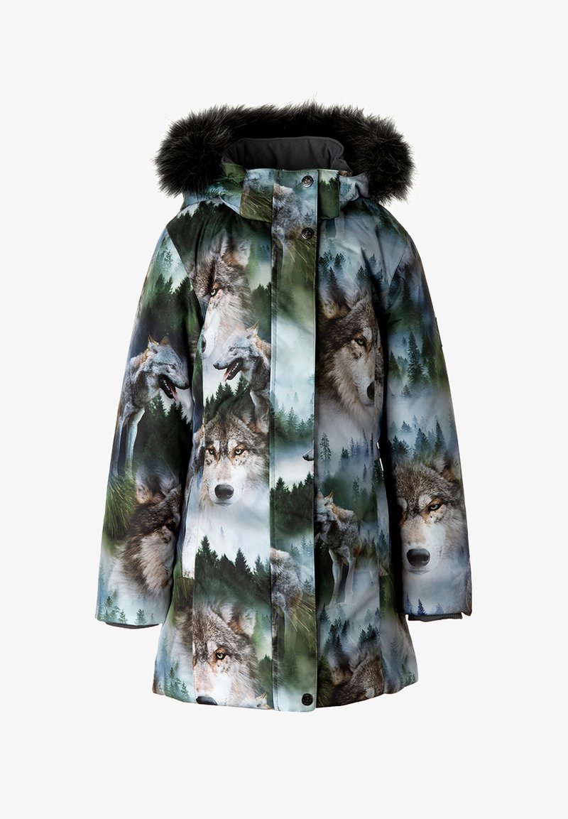 Soe parka hundi graafika trükiga rohelise, halli ja valge varjundiga. Omab eemaldatavat kunstkarusnaha kapuutsi ja eesmine nööpidega sulgemist.