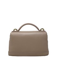 Skórzana torebka w jasnym beżu o ustrukturyzowanym prostokątnym kształcie, z górnym uchwytem i złotymi akcentami. Detal o teksturowanej powierzchni.