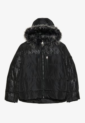 Doudoune noire avec un design texturé, capuche doublée de fourrure, deux poches zippées et une finition brillante sur les sections à motifs.