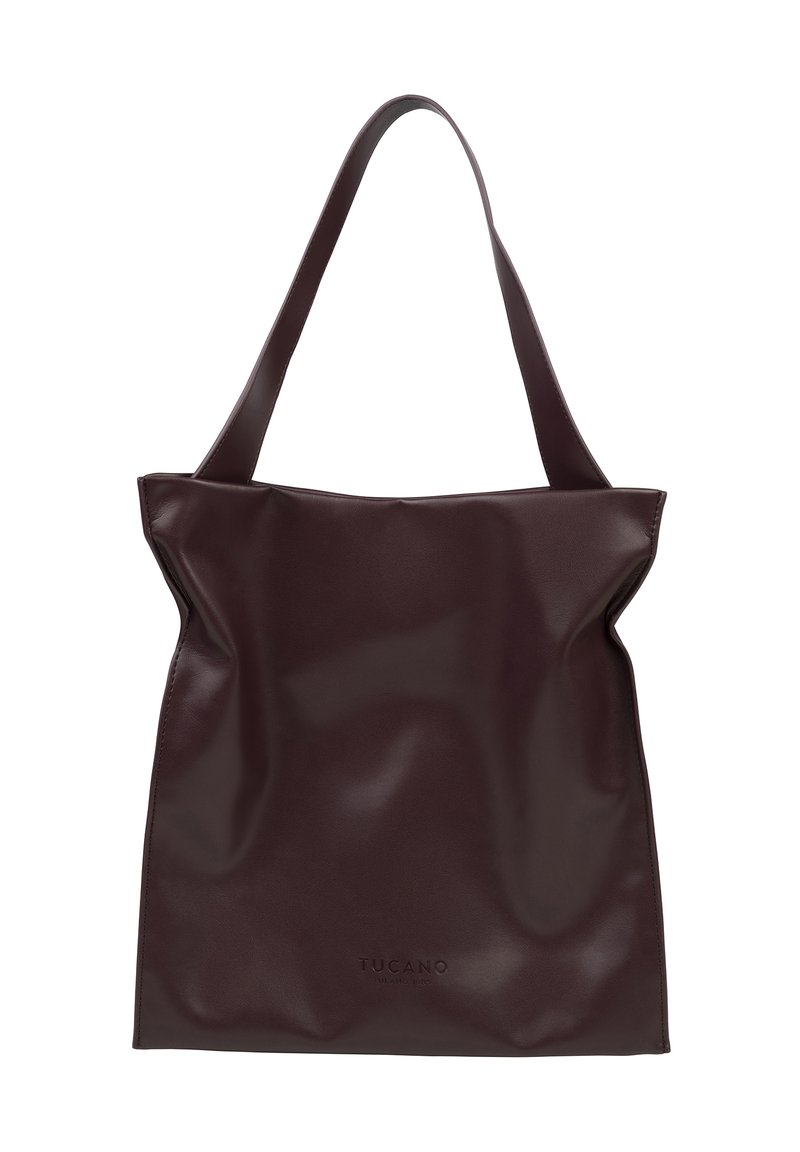 Burgundy leather tote bag with a soft, structured design, featuring elongated straps and a subtle embossed logo at the base.