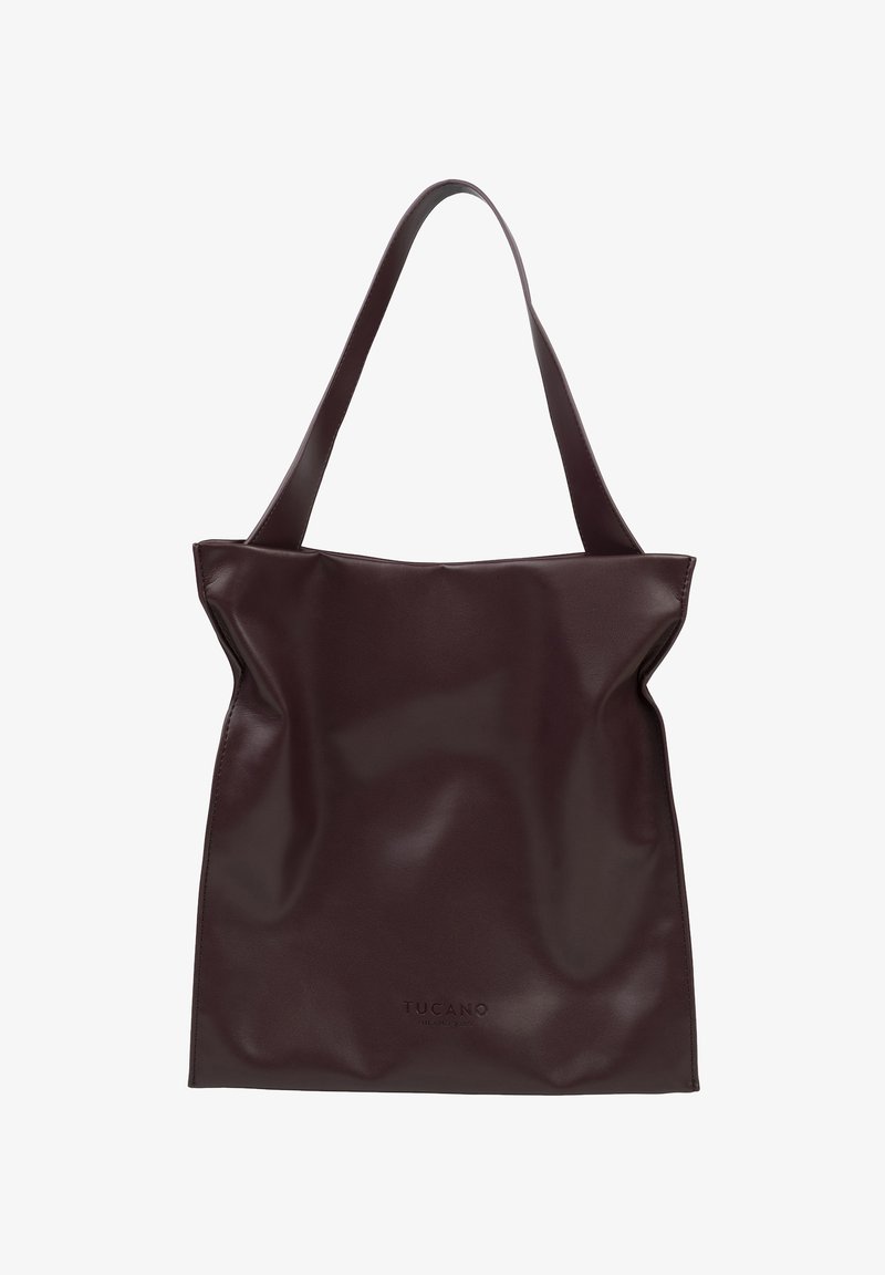 Burgundy leather tote bag with a soft, structured design, featuring elongated straps and a subtle embossed logo at the base.
