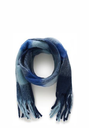 Woolen scarf featuring a gradient of blue shades, with soft texture, fringe ends, and a circular shape for draping.
