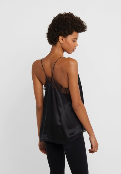 Black satin camisole with delicate lace trim at the back and thin adjustable straps. Flowy design with a curved hemline, smooth texture.