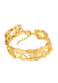 Bracelet en or présentant des formes géométriques triangulaires et rectangulaires avec une finition texturée et un fermoir sécurisé, conçu en plusieurs sections.