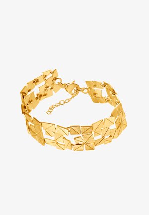 Bracciale in oro caratterizzato da forme geometriche triangolari e rettangolari con una finitura texturizzata e chiusura sicura, progettato in più sezioni.
