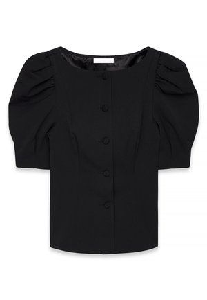 Čierna strukturovaná blúzka s balónovými rukávmi, okrúhlym výstrihom a predným zapínaním na gombíky s gombíkmi potiahnutými látkou. Hladká textúra.