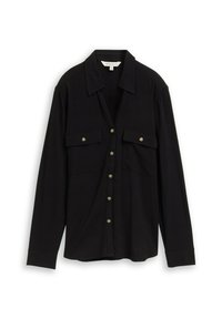Black button-up shirt with long sleeves, two chest pockets, gold-tone buttons, and a collared neckline. Made from soft, lightweight fabric.