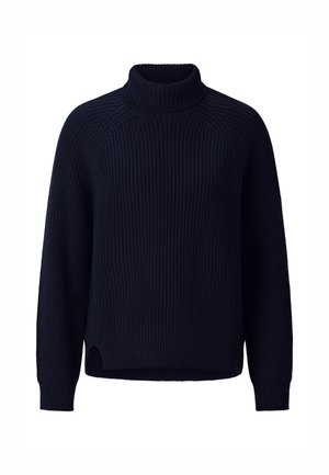 Granatowy sweter z dzianiny z wysokim kołnierzem, rękawami raglanowymi, teksturą ściągacza i rozcięciami po bokach u dołu, co zapewnia luźniejszy krój.