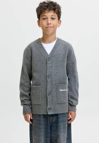 Pelēks adīts kardigans ar V veida kakla izgriezumu, pogu aizdari, divām priekšējām kabatām un ribota apakšmala. Tam ir neliels izšūts sīkums.