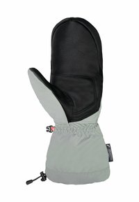 Schwarze Lederhandschuh mit einem grauen Stoffbund, ausgestattet mit einem gerafften elastischen Handgelenk und verstellbaren Zugbändern für einen sicheren Sitz, glatte Textur.