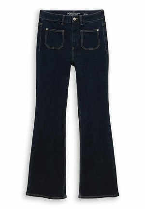 Jeans évasés en denim bleu foncé avec poches avant, fermeture par bouton et coutures contrastantes, disposés à plat sur un fond blanc.