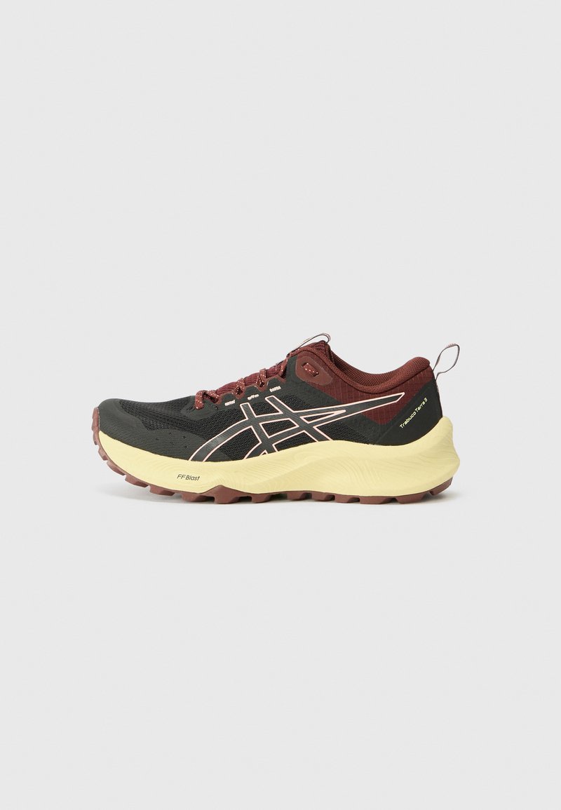 Trail running shoe in black and burgundy, with a textured upper, contrasting yellow midsole, and a rugged outsole for traction.