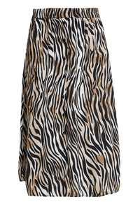 Une jupe mi-longue en tissu léger présentant un motif rayé zèbre marron, noir et blanc. Taille élastique et détail de bouton.