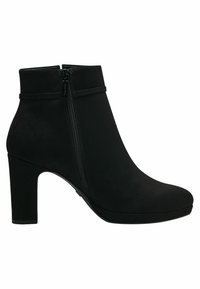 Botas de tornozelo em camurça preta com um alto salto bloco, apresentando um zíper lateral e uma textura suave. Design minimalista sem adornos visíveis.