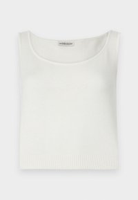 Top bianco senza maniche realizzato in tessuto a maglia con scollatura rotonda e orlo a coste. Presenta il logo "GUESS JEANS" in rilievo sul davanti.