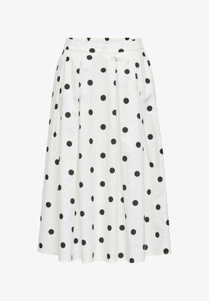 Bílá midi sukně s černými puntíky, plisovaný design a přiléhavý pas.