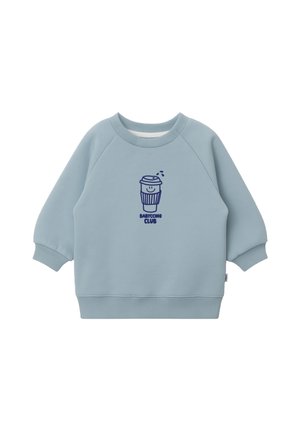 Hellblauer Kindersweatshirt mit gerippten Bündchen an Ärmeln und Saum, versehen mit einer grafischen Darstellung einer lächelnden Kaffeetasse und dem Text "BABYCCINO CLUB" in Dunkelblau.