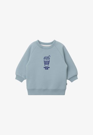 Light blue children's sweatshirt with ribbed cuffs and hem, featuring a smiling coffee cup graphic and "BABYCCINO CLUB" text in dark blue.