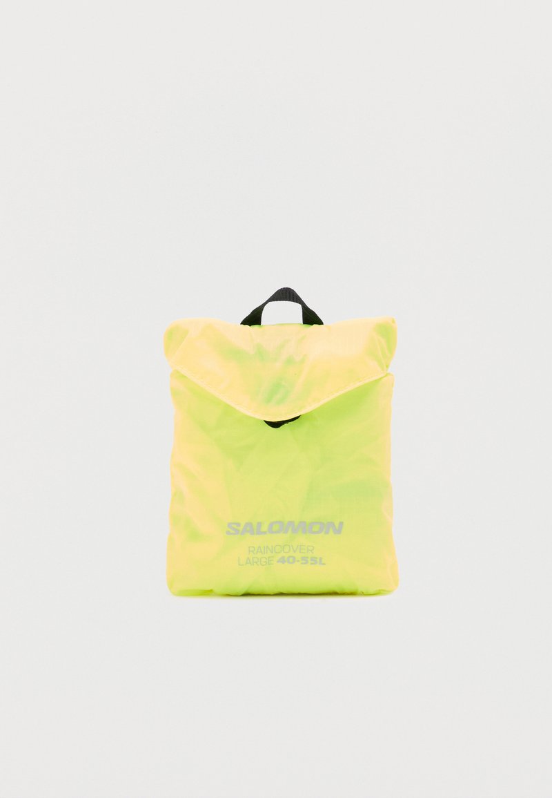 Κίτρινο διπλωμένο κάλυμμα βροχής Salomon με μαύρη λαβή και κείμενο "Raindover Large 40-55L" σε απλό λευκό φόντο.