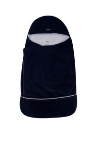 Saco de couchage bébé en velours côtelé bleu foncé avec une doublure blanche à motifs et une fermeture éclair noire en bas. Logo de la marque visible en haut.