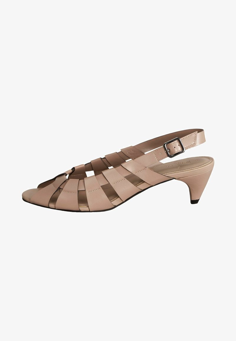 Open-toe slingback heels in soft pink leather with crisscross straps and a low, block heel. Sleek design with a smooth finish and buckle detail.