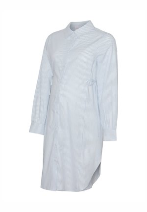 Rochie-shirt cu dungi albastre deschis și albe, realizată din bumbac. Are guler, mâneci lungi cu nasturi și o curea ajustabilă în talie.