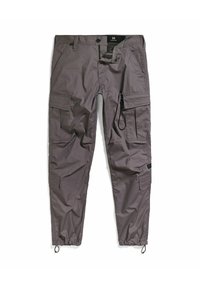 Kargo kalhoty v tlumené šedé látce, s elastickým nápletem, několika kapsami a kapsou na zip na stehně. Odolný materiál.