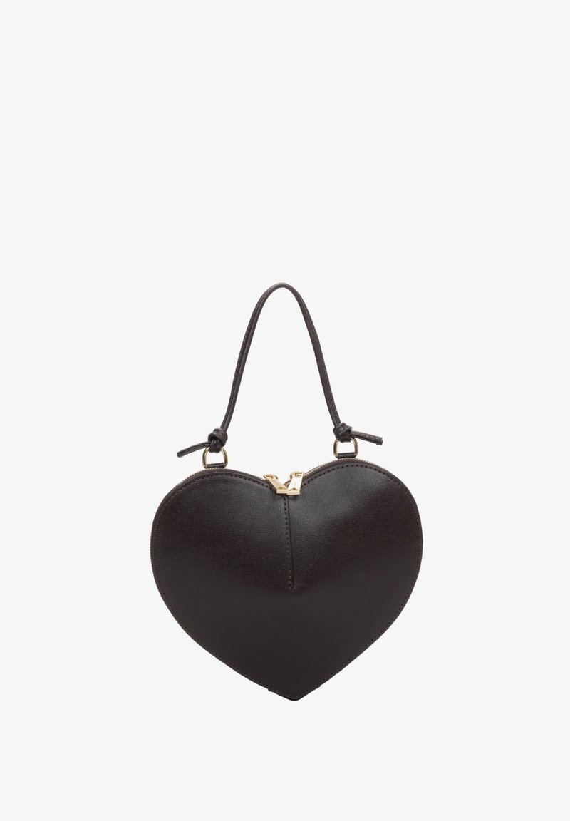 Sac à main noir en forme de cœur, fabriqué en matériau texturé, avec une fermeture éclair supérieure et une poignée courte agrémentée de nœuds.